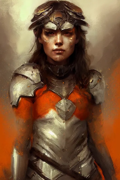 Prompt: full - body portrait of a ranger, female, white and orange breastplate, magical, high fantasy, d & d, by jeremy mann, face details, extremely detailed, digital illustration