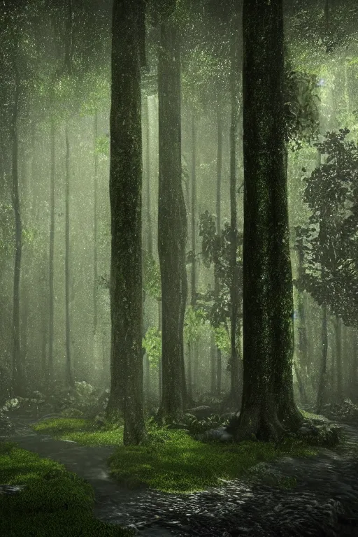 Image similar to dark rainy forest, hyperrealistic, dynamic lighting, intricate detail, cinematic volume glowing aura global illumination ray tracing hdr