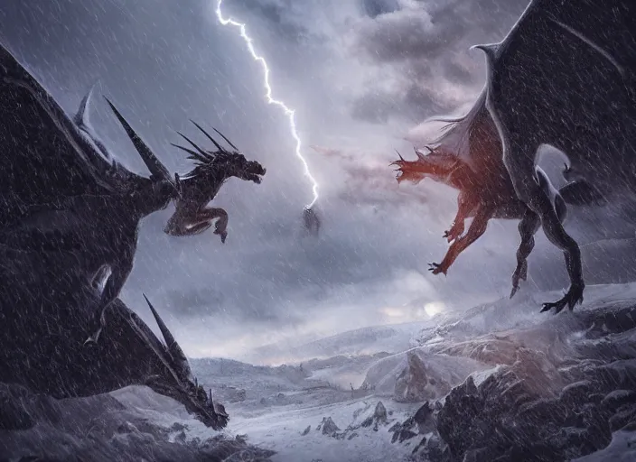 Image similar to unicorn fighting a dragon, beautiful snowy landscape, lightning storm, dramatic lightning, cinematic, establishing shot, extremly high detail, photorealistic, cinematic lighting, epic fight scene, post processed, concept art, artstation, matte painting, style by greg rutkowsky