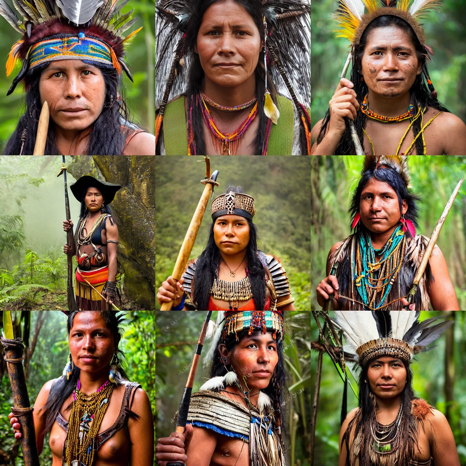 Prompt: Portrait of female inca soldier holding a spear in damp hot misty jungle, oily skin, staring at you, wearing inca jewellery, feathers and leather, smoke, 100 mm lens