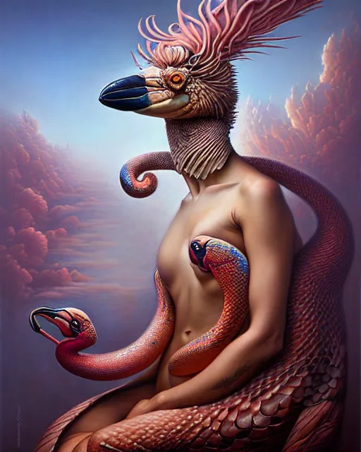 Image similar to a detailed portrait of dreampunk flamingo python hybrid mix goddess by tomasz alen kopera and peter mohrbacher