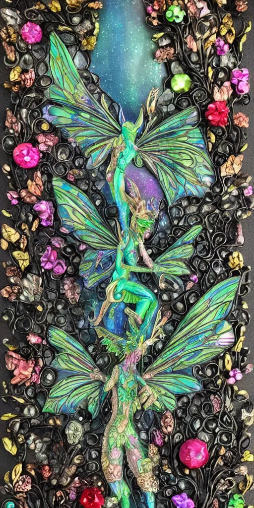 Prompt: intricate colourfully painted carved Soapstone relief paneling of a fairy dragon, faerie, iridescent, back black paper, gemstones, crystals, crystal clusters, metallic colors, glass, mythical, vibrant vegetation, trees, flowers, colorful vines, dream atmosphere, radiant colors, Ghostly, Holy, ornate, mystical, fantasy, crystaline celtic, insanly detailed , trending on artstation, wallpaper, hyper realistic, realistic lighting, ambient occlusion, 8k, unreal engine, octane render, HDR, HD, award winning, featured, VFX, CGI, matching colors, color theory