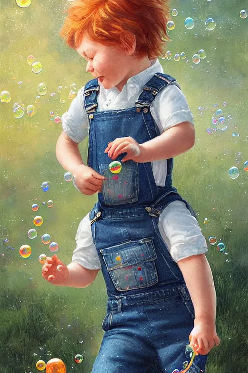 Image similar to a little boy with ginger hair wearing denim overalls chasing bubbles. clean elegant painting, beautiful detailed face, lots of bubbles. by artgerm and greg rutkowski