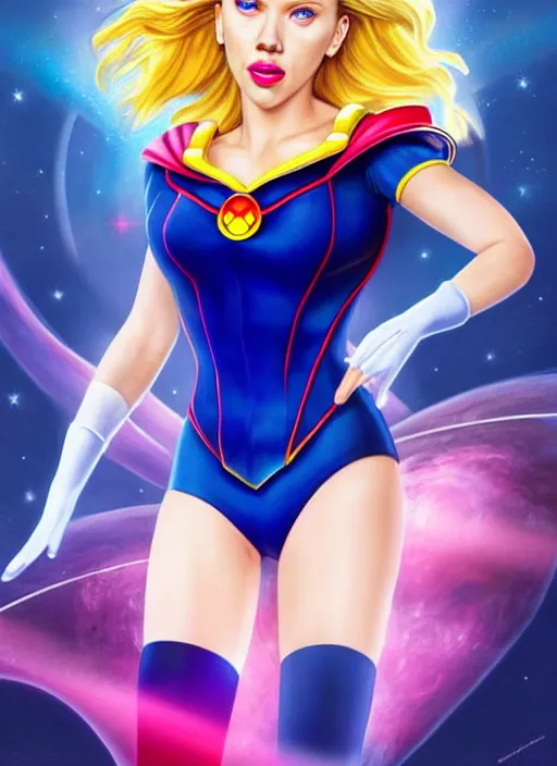 Image similar to perfectly centred realistic picture of scarlett johansson as a sailor moon, calls on the phone at futuristic office, highly detailed, sharp focus, photorealism