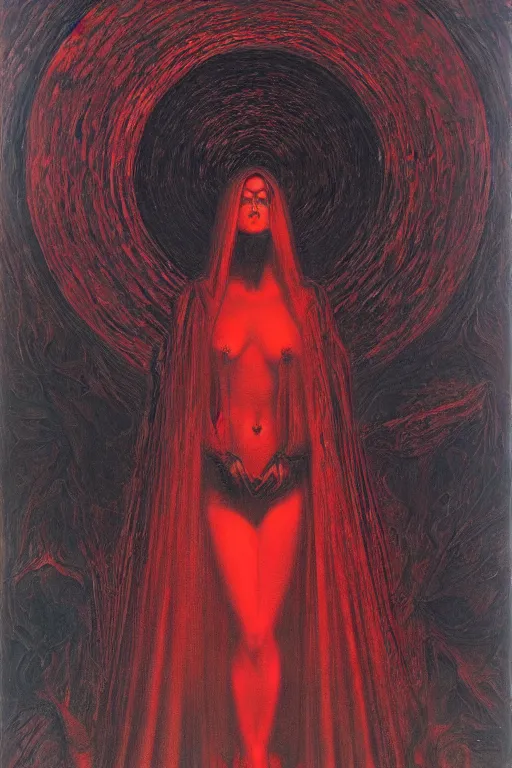 Prompt: mysterious occult woman, shrouded in black and red, hovering over the ground in front of a portal opening up into the depth of a new realm, epic surrealism 8k oil painting, high definition, post modernist layering, by Ernst Fuchs, John Howe