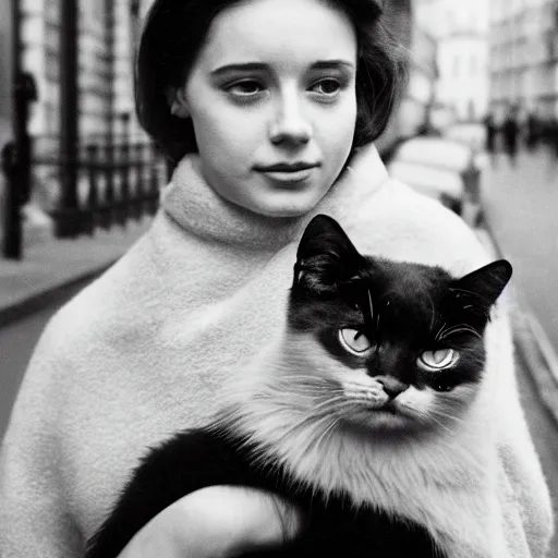 Image similar to A photograph of a Young Woman holding her cat while avoiding the rain on the streets of London, award winning photograph, realistic, detailed, 1960’s cinematic