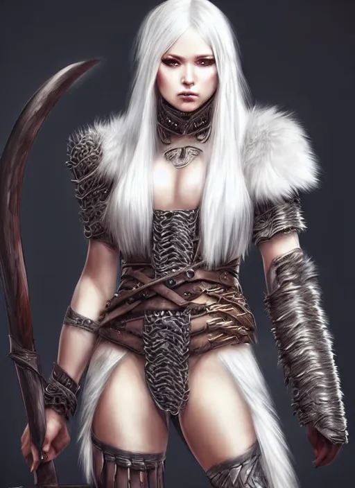 Image similar to barbarian, fur leather armor!!! beautiful and elegant white hair female!! gorgeous ayes!! character concept art, sharp focus, octane render! unreal engine 5! highly rendered!! trending on artstation!! detailed linework!! illustration by artgerm, wlop, and chie yoshii