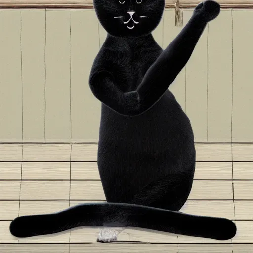 Image similar to highly detailed anthropomorphic chubby black cat doing yoga poses on long and thin scratchpost