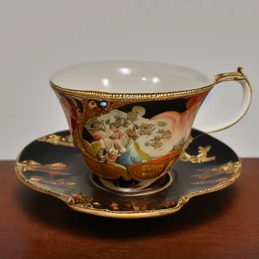 Image similar to baroque teacup filled with tiny little bowling pins