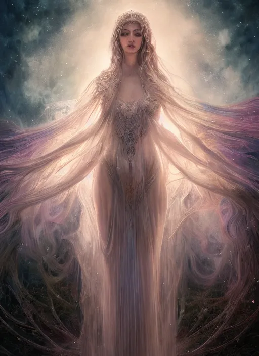 Image similar to a photographic portrait of a esoteric goddess created out of starlight and mist, cinematic, volumetric lighting, beautiful fantasy, intricate, elegant, highly detailed, digital painting, artstation, concept art, smooth, sharp focus, illustration, art by ayami kojima, artgerm and h r giger and alphonse mucha