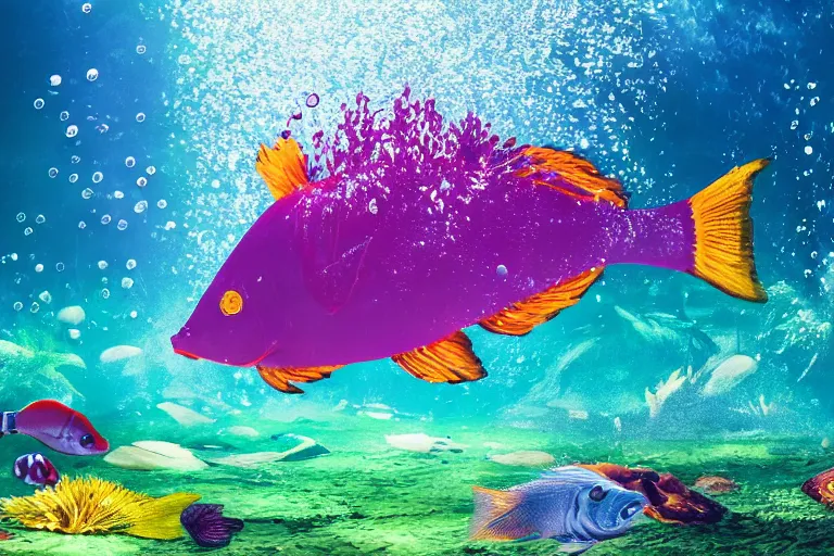 Image similar to ultra realistic underwater photography, panoramic picture of a river with ( subject : one very big exotic brightly coloured fish ). lots of bubbles. wavy, scattered light entering from the water surface, artstation, focus on the fish, extremely hyperrealistic crisply sharp fish, 8 k