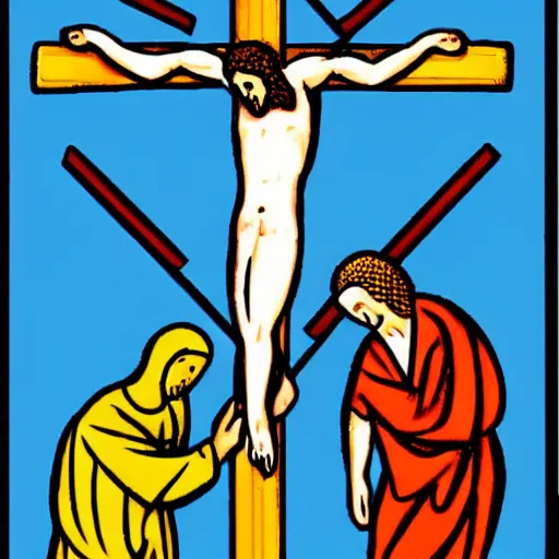 Image similar to an actor crucifies god and satan on an electric cross