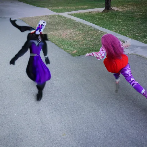 Prompt: photo of scary female jester chasing you