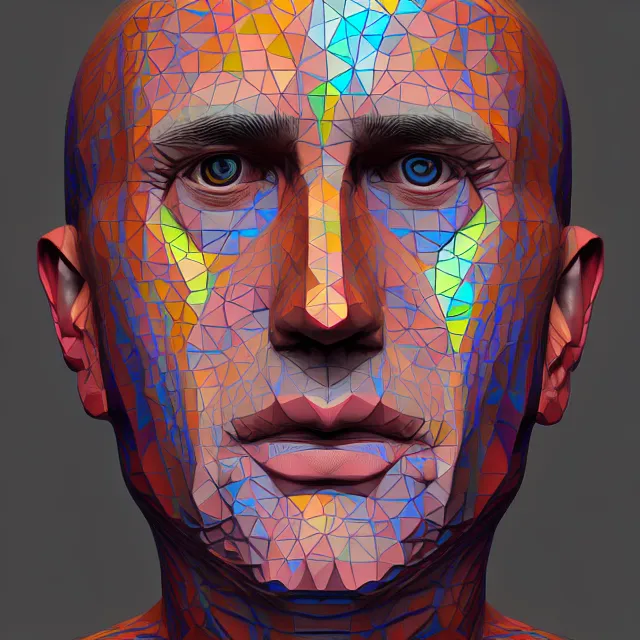 Prompt: a man's face with a multicolored mosaic pattern on it, an ultrafine detailed painting, trending on zbrush central, generative art, low poly, zbrush, behance hd, ethereal, liminal