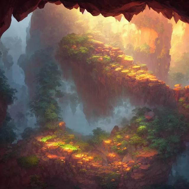 Image similar to a digital painting of an isometric cave environment by justin gerard, paul bonner, highly detailed, volumetric lighting, digital art, isometric, artstation hd