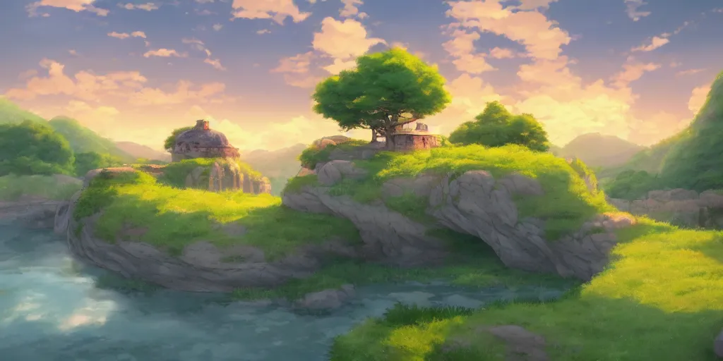 Image similar to a serene landscape with a singular building near a river with rocks at sunrise, ghibli studio, anime style, pixar style, concept art, octane render, trending on deviantart, highly detailed, high quality, soft lighting, path traced, beautiful landscape, cartoon, high coherence, cloud in the sky, digital painting, masterpiece, digital art, breathtaking landscape, soft colors, beautiful