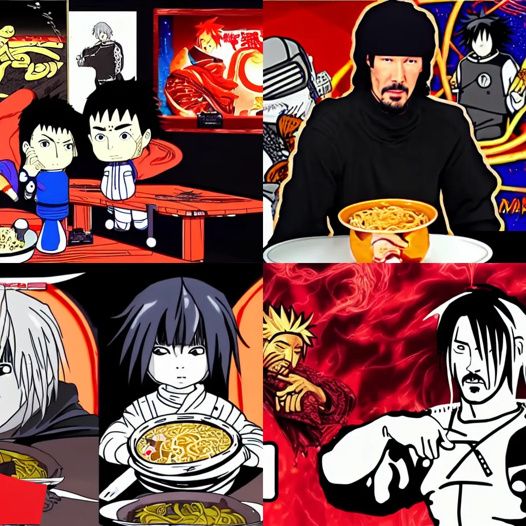 Prompt: Keanu Reeves space ninja eating Ramen with Naruto black and white by Giger 4K on Cartoon Network
