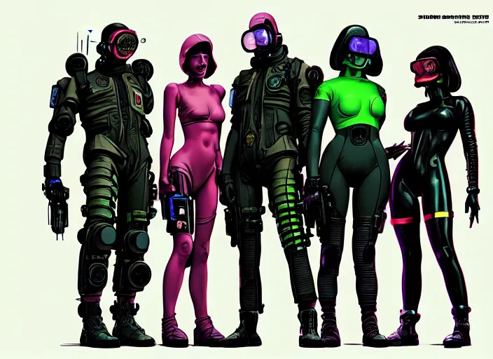 Image similar to cyberpunk hazmat tactical squad. portrait by stonehouse and mœbius and will eisner and gil elvgren and pixar. character design. realistic proportions. cyberpunk 2 0 7 7 character art, blade runner 2 0 4 9 concept art. cel shading. attractive face. thick lines. the team. diverse characters. artstationhq.