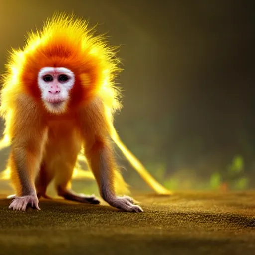 Image similar to screaming buff golden snubnose monkey going super saiyan 3 like dragon ball z, super long hair, flaming chi aura. 4 k, subtle hdr. golden hour. award winning. flaming chi aura.