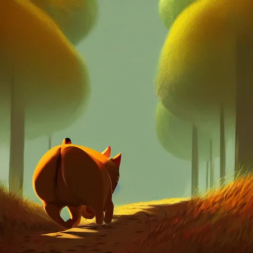 Image similar to Goro Fujita illustrating a big cat calmly walking through the forest, by Goro Fujita, concept art, sharp focus, highly detailed, ArtStation