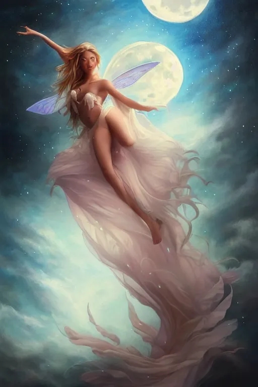 Image similar to attractive fairy magically floating high in the night, fantasy, full moon in background. highly detailed painting by artgerm, mid shot, 8 k