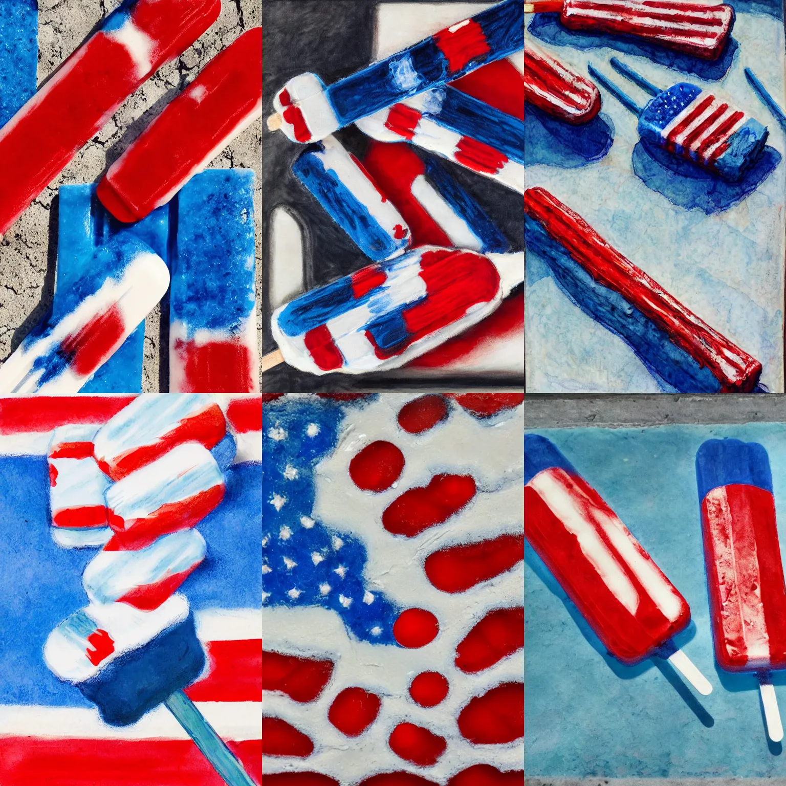 Prompt: red, white, and blue popsicle melting on the sidewalk, midday, highly detailed, realistic,