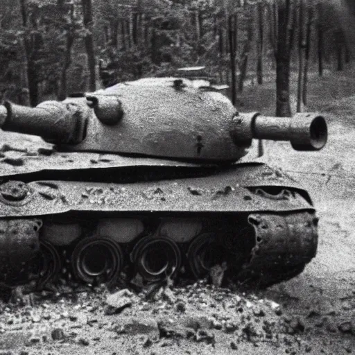 Image similar to a nazi panther tank that has been destroyed, black and white, film grain,