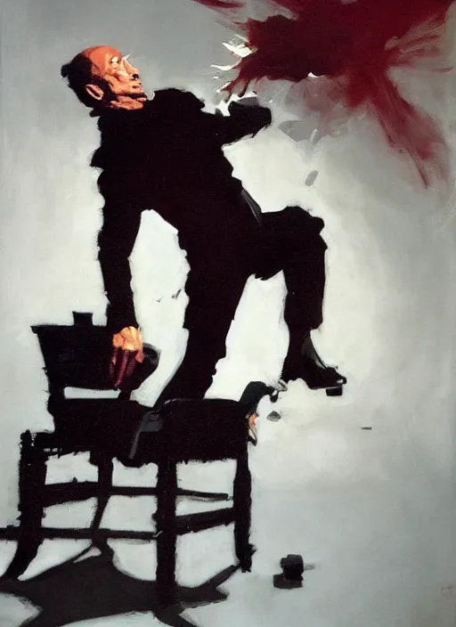 Prompt: jk simmons throwing chair, painting by phil hale, fransico goya,'action lines '!!!, graphic style, visible brushstrokes, motion blur, blurry
