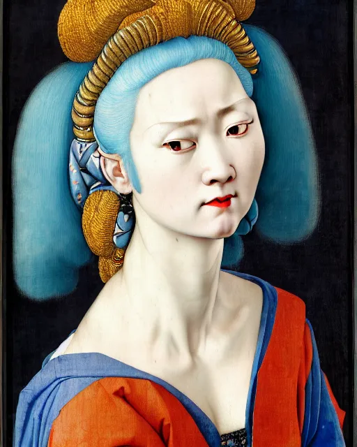 Prompt: photorealistic portrait of a woman with blue hair and big hair rollers, wearing a baggy pajamas, intricate details, highly detailed, in the style of rogier van der weyden and jacopo da pontormo, punk, asian art, masterpiece