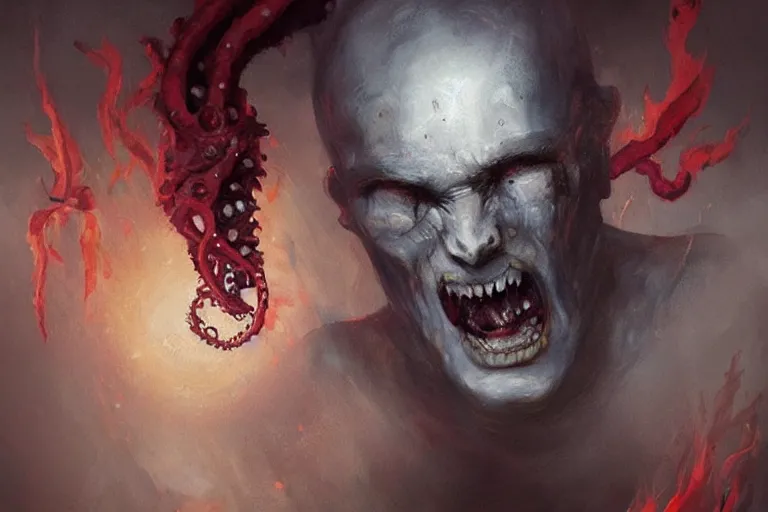 Image similar to painting by greg rutkowski of a flying crying human head and face that is chalk white in color, with tentacles coming of the neck, fiery red eyes, flying in a terrying hell like cavernous place