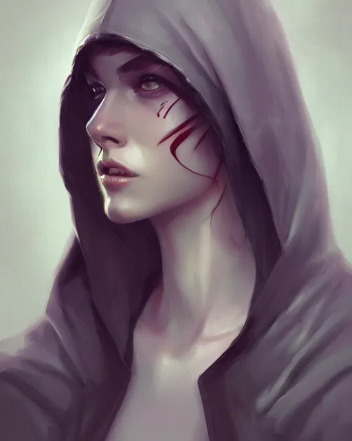 Prompt: « a portrait of a woman with a hood on, a digital painting by charlie bowater, featured on cgsociety, fantasy art, behance hd, wiccan, artstation hd »