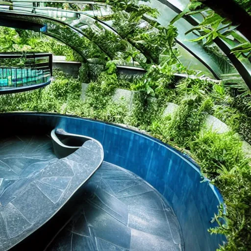 Image similar to a large curvilinear futuristic room made of blue slate, startrek style, filled with plants, vegetation, rocks and a swimming pool.
