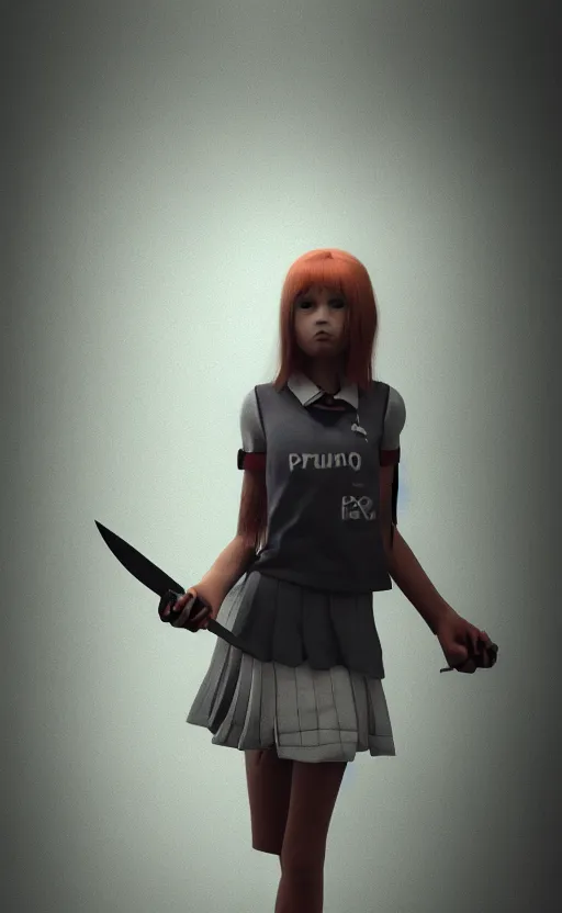 Prompt: school girl holding a knife, gloomy and foggy atmosphere, octane render, cgsociety, artstation trending, horror scene, highly detailded