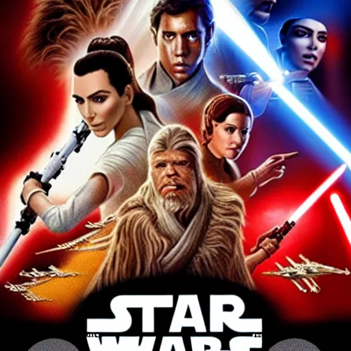 Image similar to super detailed star wars movie poster with Jesus Christ and kim kardashian, 8k full HD photo, cinematic lighting, anatomically correct, oscar award winning, action filled, correct eye placement,