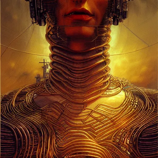 Image similar to cyberpunk cenobite, atmospheric lighting, painted, intricate, golden hour, ultra detailed by peter gric, giger, enki bilal