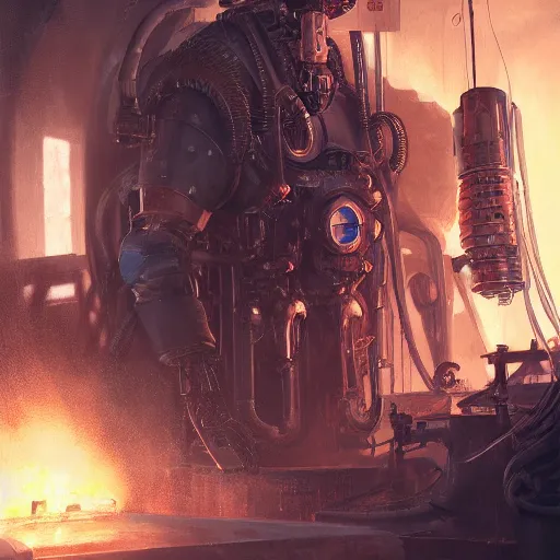 Image similar to portrait of adeptus mechanicus techpriest at a forge, by cedric peyravernay and feng zhu, highly detailed, excellent composition, cinematic concept art, dramatic lighting, trending on artstation