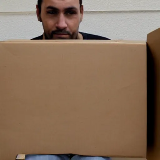 Prompt: a man wearing cardboard boxes