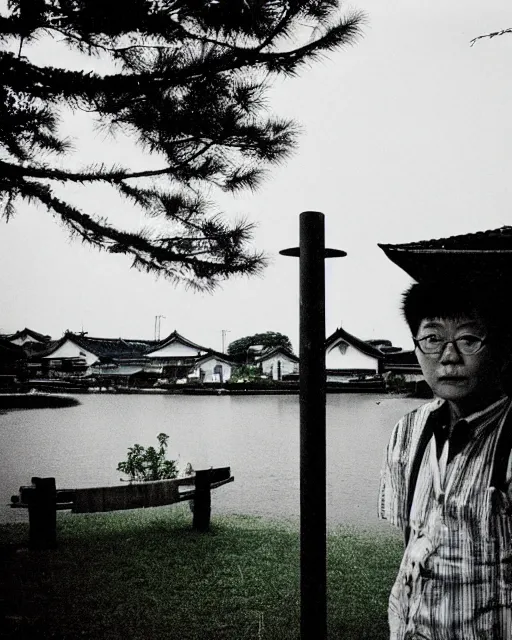Image similar to a lomographic photo of old pacific rim ( 2 0 1 3 ) jaeger, standing in typical japanese yard in small town, hikone on background, cinestill, bokeh