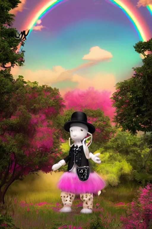 Image similar to Ethereal safari landscape with a pink rainbow sky under a god moonstone, black leather and embroidered Lolita dapper tuxedo in velvet, rich color, dramatic cinematic lighting, featured on Artstation, extremely detailed by Lisa Frank