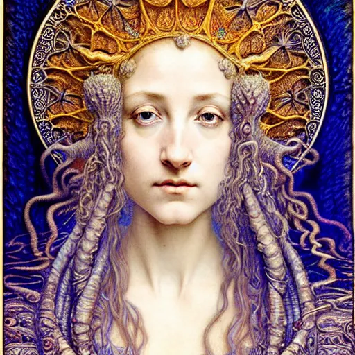 Prompt: detailed realistic beautiful young medieval queen face portrait by jean delville, gustave dore, iris van herpen and marco mazzoni, art forms of nature by ernst haeckel, art nouveau, symbolist, visionary, gothic, pre - raphaelite