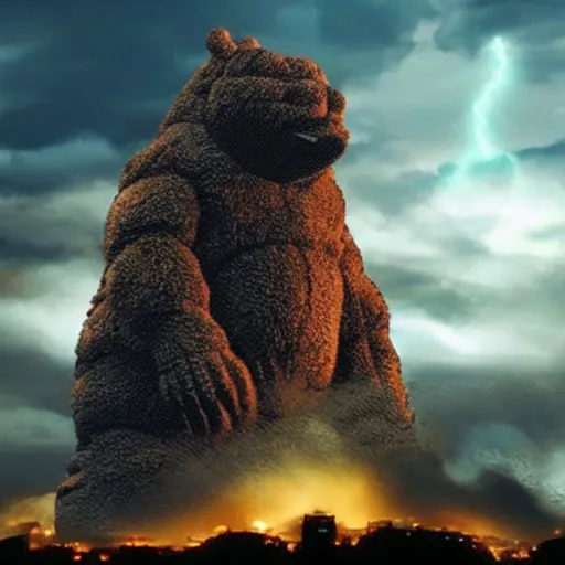 Image similar to a giant teddy ruxpin as godzilla destroying a city, hyperrealistic, dramatic lighting, black clouds and lighting in the sky