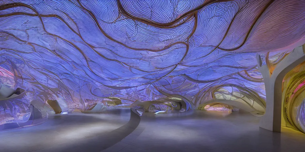 Image similar to extremely detailed awe stunning beautiful futuristic smooth curvilinear museum interior, translucent gills, hyper real, 8k, colorful, 3D cinematic volumetric light, atmospheric light