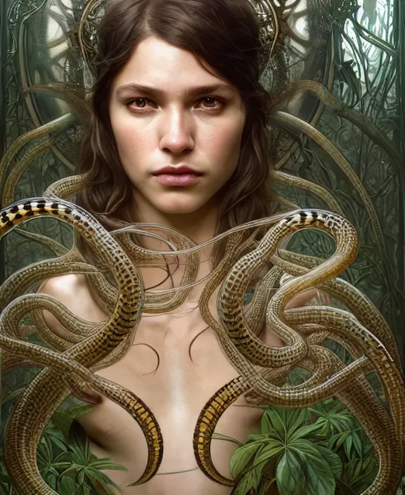 Image similar to intricate ornate opulent transparent clear see - through portrait of a horrific beautiful male human wolf snake, adorable, childlike, overgrown biopunk jungle environment, ultra realistic, concept art, art nouveau, photorealistic, octane render, 8 k, unreal engine. art by christopher marley and artgerm and greg rutkowski and alphonse mucha