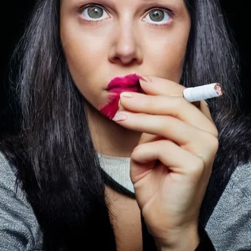 Prompt: Close-up view on a female hand with cigarette, stock photo