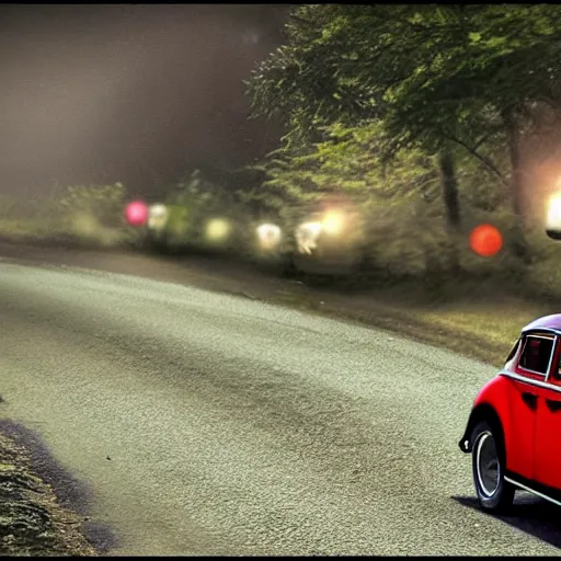 Prompt: promotional murder - mystery movie scene of a ( volkswagen beatle ) and ladybug hybrid. a ( volkswagen beatle ) merged into a ladybug. the hybrid is racing down a dusty back - road in smokey mountains tennessee. cinematic, 4 k, imax, 7 0 mm