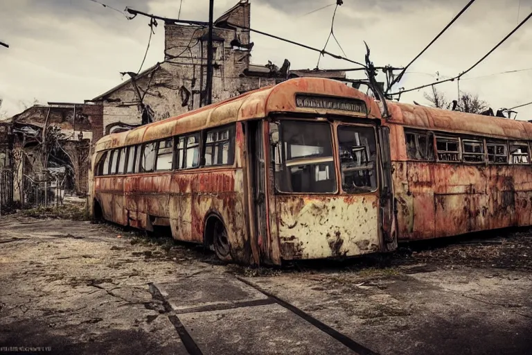 Image similar to low wide angle shot of dilapidated fallout 5 europa, temperate european hamlet, desolate, dilapidated neon signs, few rusted retro futuristic vintage parked vehicles like cars, ( ( ( ( buses, trucks, trams ) ) ) ), volumetric lighting, photorealistic, daytime, autumn, sunny weather, sharp focus, ultra detailed