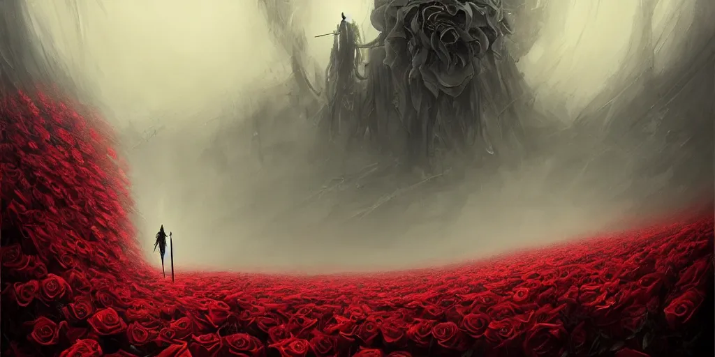 Image similar to poster style, a beautiful and terrifying painting with high details of a panoramic view of a reaper holding a long sickle, with red fluid white roses in the foreground, movie atmosphere, movie lights, 8 k, light effect, rtx on, trending on artstation, by kilian eng, lee madgwick, bastien lecouffe - deharme