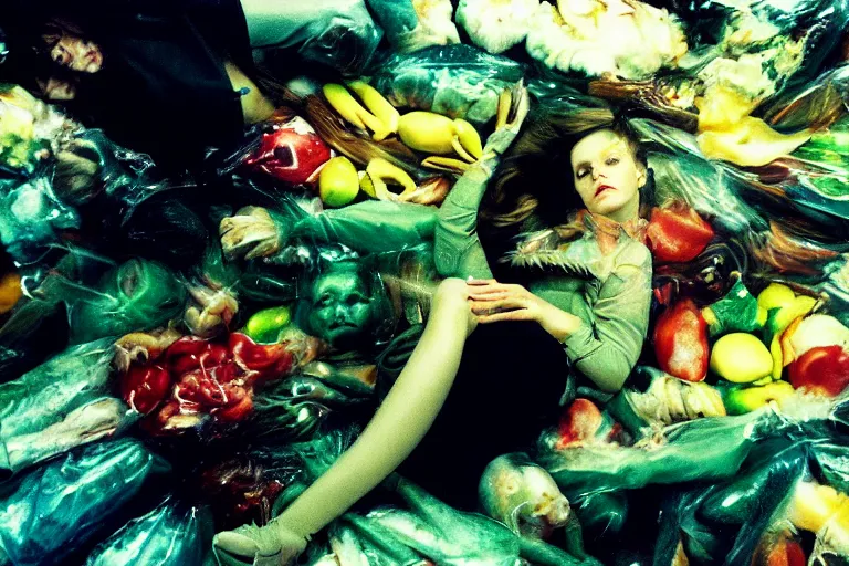 Image similar to 35mm color lomography, last photo, portrait, fashion shoot, weird, random, strange, spooky, hyperdetailed, photorealistic, high fashion, interesting, supermarket, david cronenberg