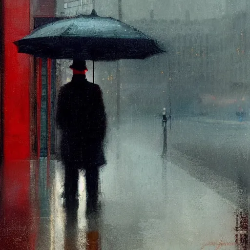 Image similar to man with red umbrella standing in the rain, chicago, art deco, by jeremy mann.