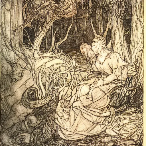 Prompt: once upon a midnight dreary, while i pondered, weak and weary, over many a quaint and curious volume of forgotten lore, by arthur rackham, highly detailed, 8 k,